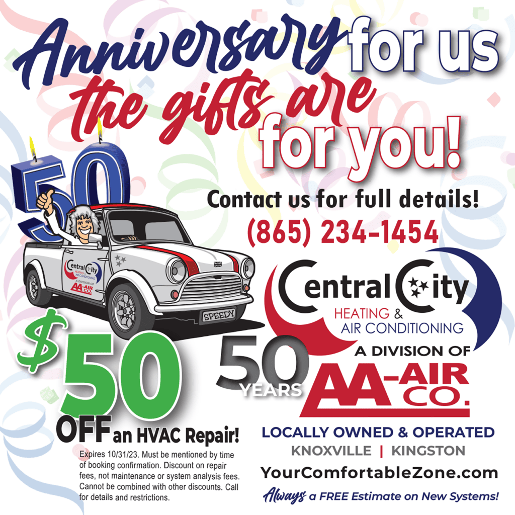 Anniversary for us the gifts are for you! $50 off a new HVAC Repair! Expires 10/31/23. Must be mentioned by time of booking confirmation. Discount on repair fees, not maintenance or system analysis fees. Cannot be combined with other discounts. Call for details and restrictions.