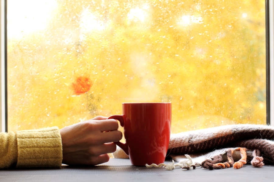 red mug of hot drink, when behind a window is rain in autumn in Knoxville