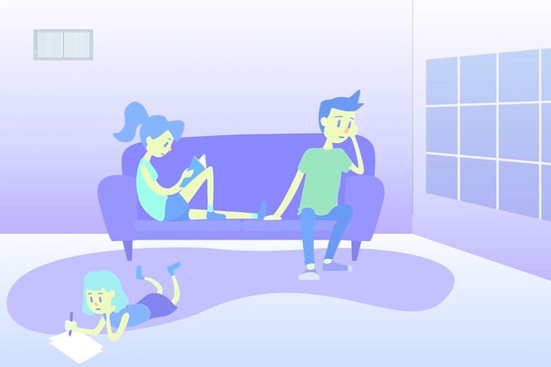 Illustrated family in living room sitting on a sofa.